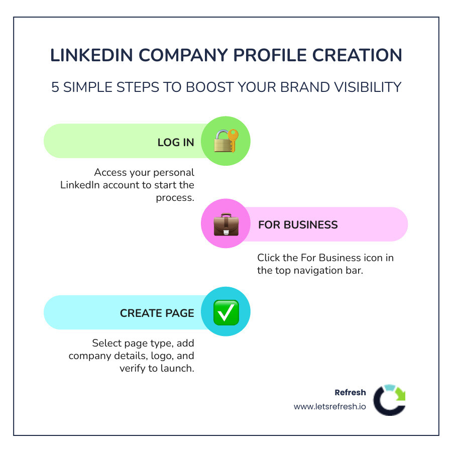 Infographic showing 5 steps to LinkedIn company profile creation: 1) Log into personal account, 2) Click For Business icon, 3) Select page type (Company, Showcase, or Educational), 4) Fill in company details including name, industry, logo, and tagline, 5) Verify authority and click Create Page — with supporting stats: 1B+ professionals on LinkedIn, 30% more views for complete profiles, 2x buying power of average web audience - linkedin company profile creation infographic infographic-line-3-steps-colors