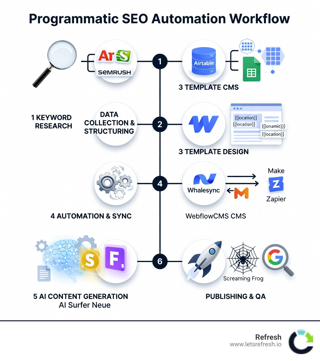 Infographic showing the programmatic SEO automation workflow in 6 stages: 1) Keyword Research using tools like Ahrefs and SEMrush to find long-tail opportunities, 2) Data Collection and structuring in Airtable or Google Sheets, 3) Template Design in Webflow CMS with dynamic fields, 4) Automation and Sync using Make, Zapier, or Whalesync to connect database to CMS, 5) AI Content Generation using tools like Surfer SEO or Frase to enrich pages, 6) Publishing and QA with Screaming Frog auditing and Google Search Console monitoring - programmatic seo automation software infographic 