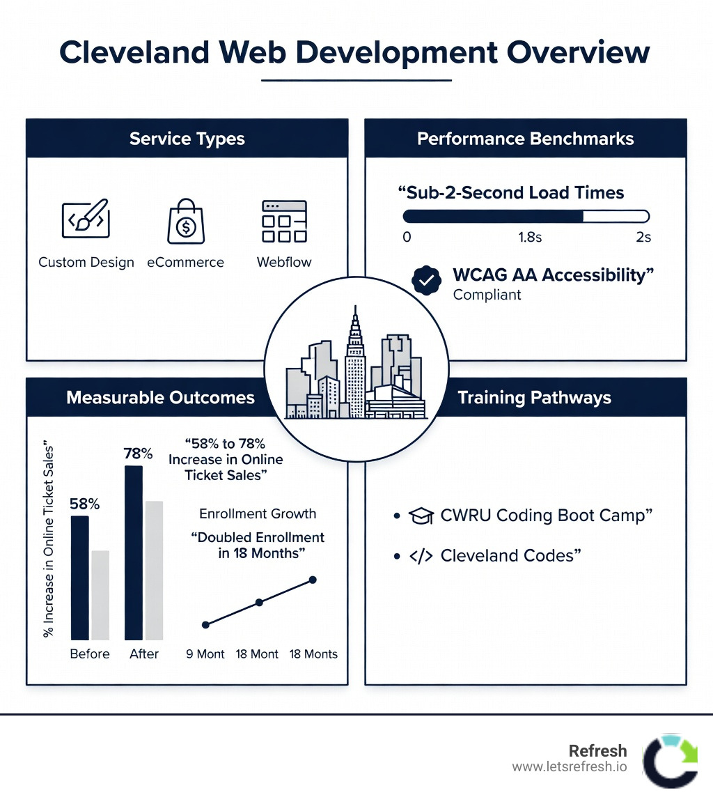Infographic showing Cleveland web development overview: service types including custom design, eCommerce, and Webflow; key performance benchmarks like sub-2-second load times and WCAG AA accessibility; measurable business outcomes such as 58% to 78% increase in online ticket sales and doubled enrollment in 18 months; local industries served including manufacturing, nonprofits, and arts organizations; and training pathways including CWRU Coding Boot Camp and Cleveland Codes - cleveland web development infographic 