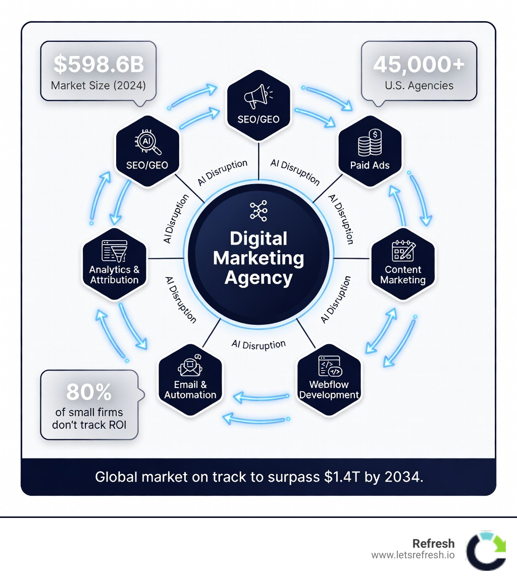 Infographic showing the 2026 digital marketing ecosystem for startups: a central hub labeled 'Digital Marketing Agency' connected to six nodes — SEO/GEO, Paid Ads, Content Marketing, Webflow Development, Email & Automation, and Analytics & Attribution — with callouts showing key stats: $598.6B market size, 45,000+ U.S. agencies, 80% of small firms don't track ROI, and arrows indicating AI disruption flowing through all channels - digital marketing company startup infographic Infographic showing the 2026 digital marketing ecosystem for startups: a central hub labeled 'Digital Marketing Agency' connected to six nodes — SEO/GEO, Paid Ads, Content Marketing, Webflow Development, Email & Automation, and Analytics & Attribution — with callouts showing key stats: $598.6B market size, 45,000+ U.S. agencies, 80% of small firms don't track ROI, and arrows indicating AI disruption flowing through all channels - digital marketing company startup infographic