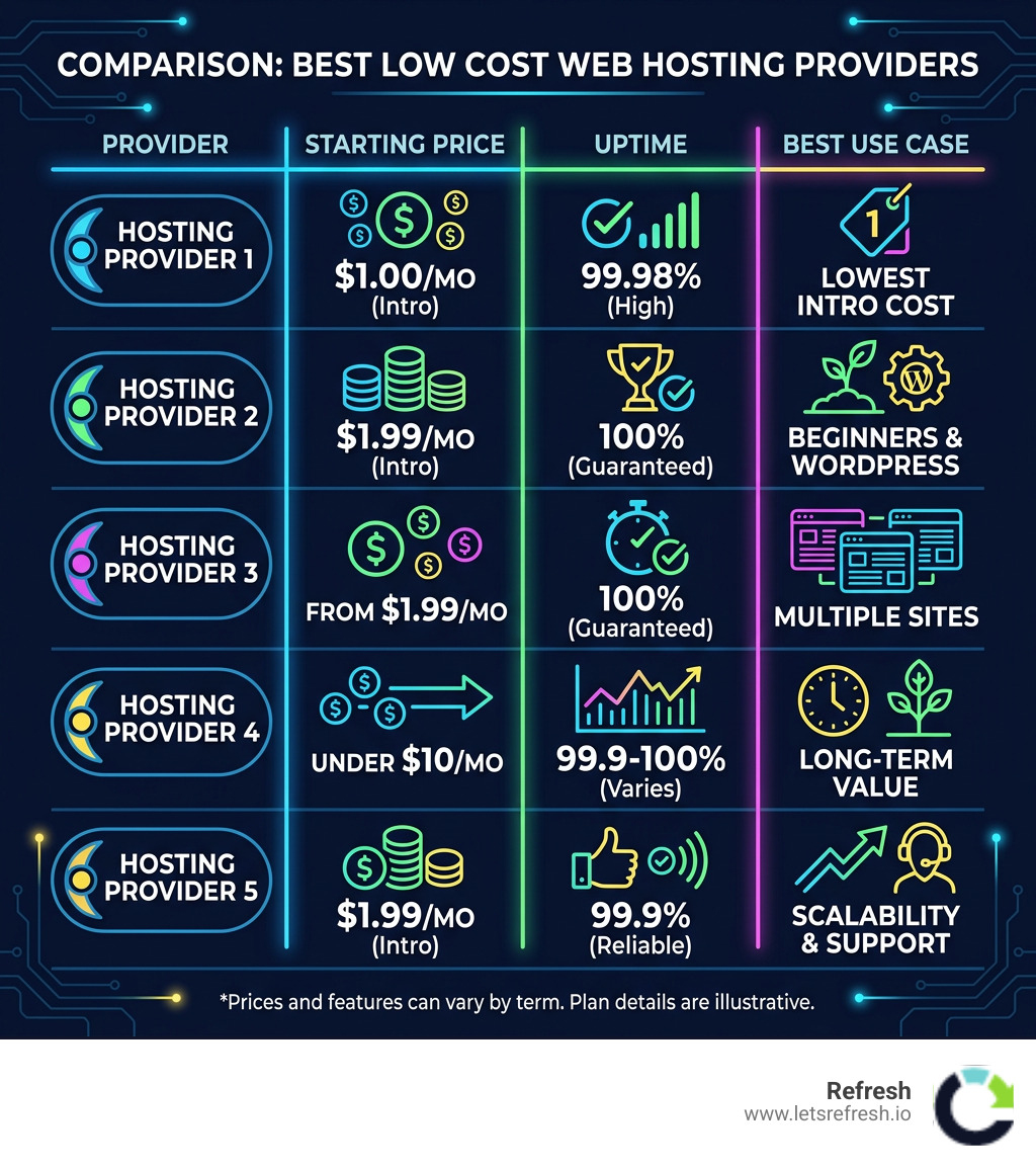 Comparison infographic of best low cost web hosting providers with pricing, uptime, and best use case - best low cost web