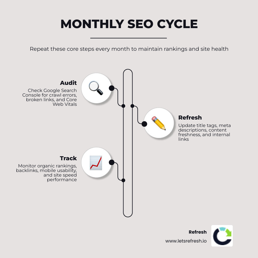Cyclical monthly SEO maintenance tasks infographic showing technical audit, content refresh, backlink review, and