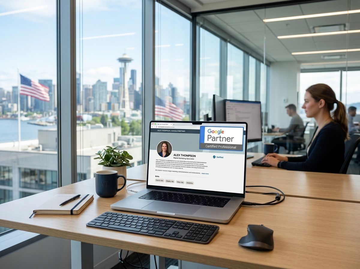Professional certification badge displayed on a high-end laptop showing Google Partner status - google adwords for agencies