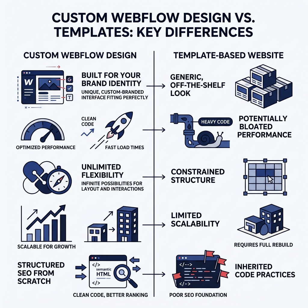 Custom Webflow design vs templates: key differences infographic - Custom Webflow design infographic 