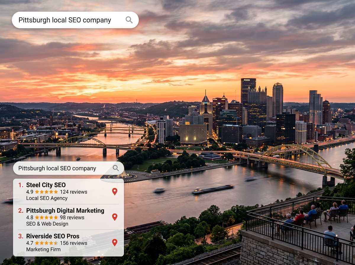 Pittsburgh skyline and Three Rivers at sunset with Google Maps local search overlay - Pittsburgh local SEO company