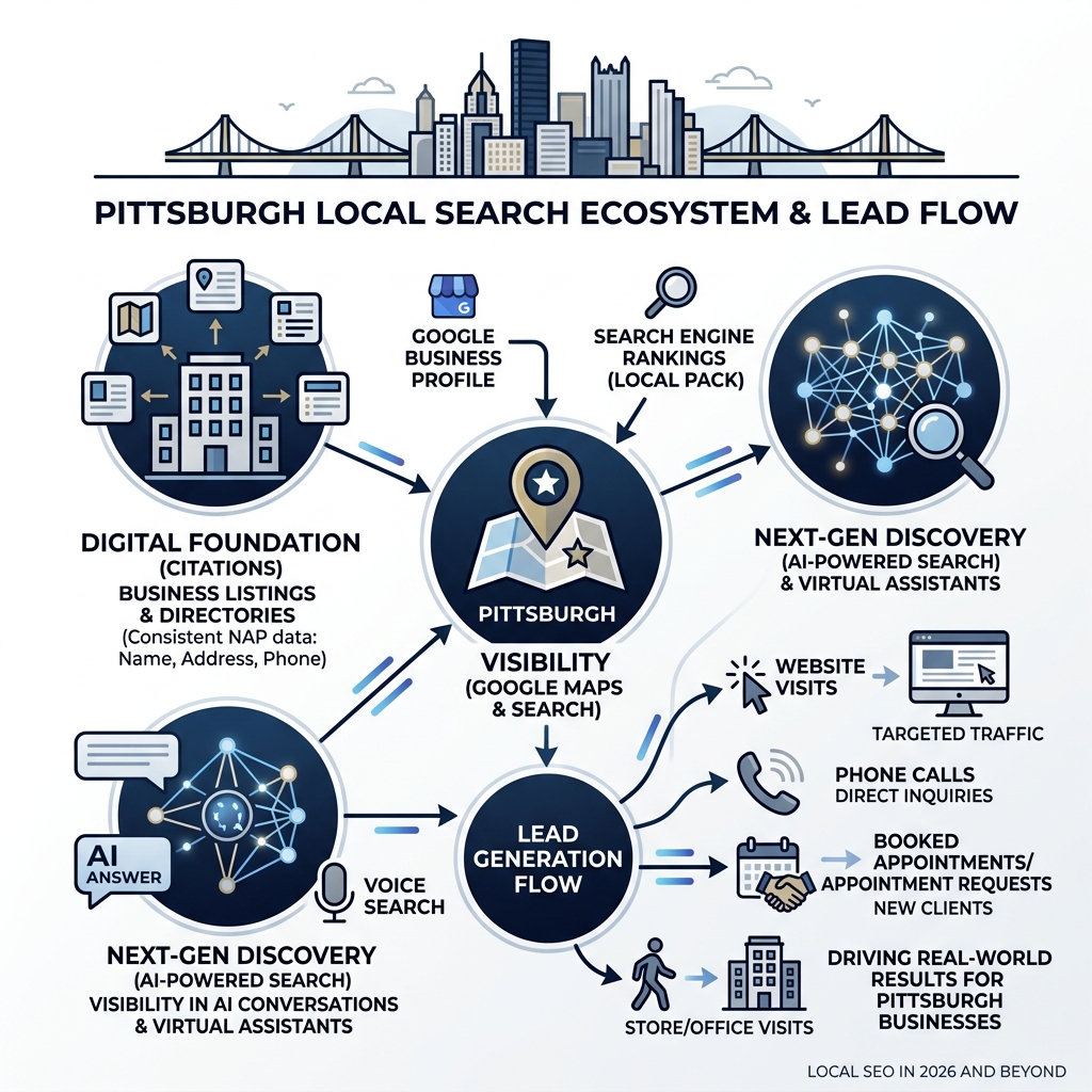 Local search ecosystem showing Google Maps, AI search, citations, and lead generation flow for Pittsburgh businesses