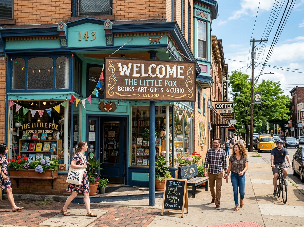 Local Pittsburgh storefront in a neighborhood like Lawrenceville or Shadyside with a Welcome sign - Pittsburgh local SEO