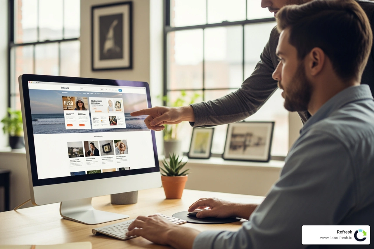 Website redesign process, team collaboration, 5 steps, 2024, stock illustration. - small business website redesign services