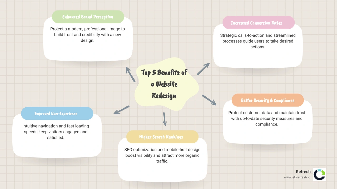 Infographic showing the top 5 benefits of website redesign: 1. Improved brand perception and credibility with modern, professional design 2. Enhanced user experience with intuitive navigation and fast loading 3. Higher search rankings through SEO optimization and mobile-first design 4. Increased conversion rates with strategic CTAs and streamlined processes 5. Better security and compliance protecting customer data and building trust - small business website redesign services infographic mindmap-5-items