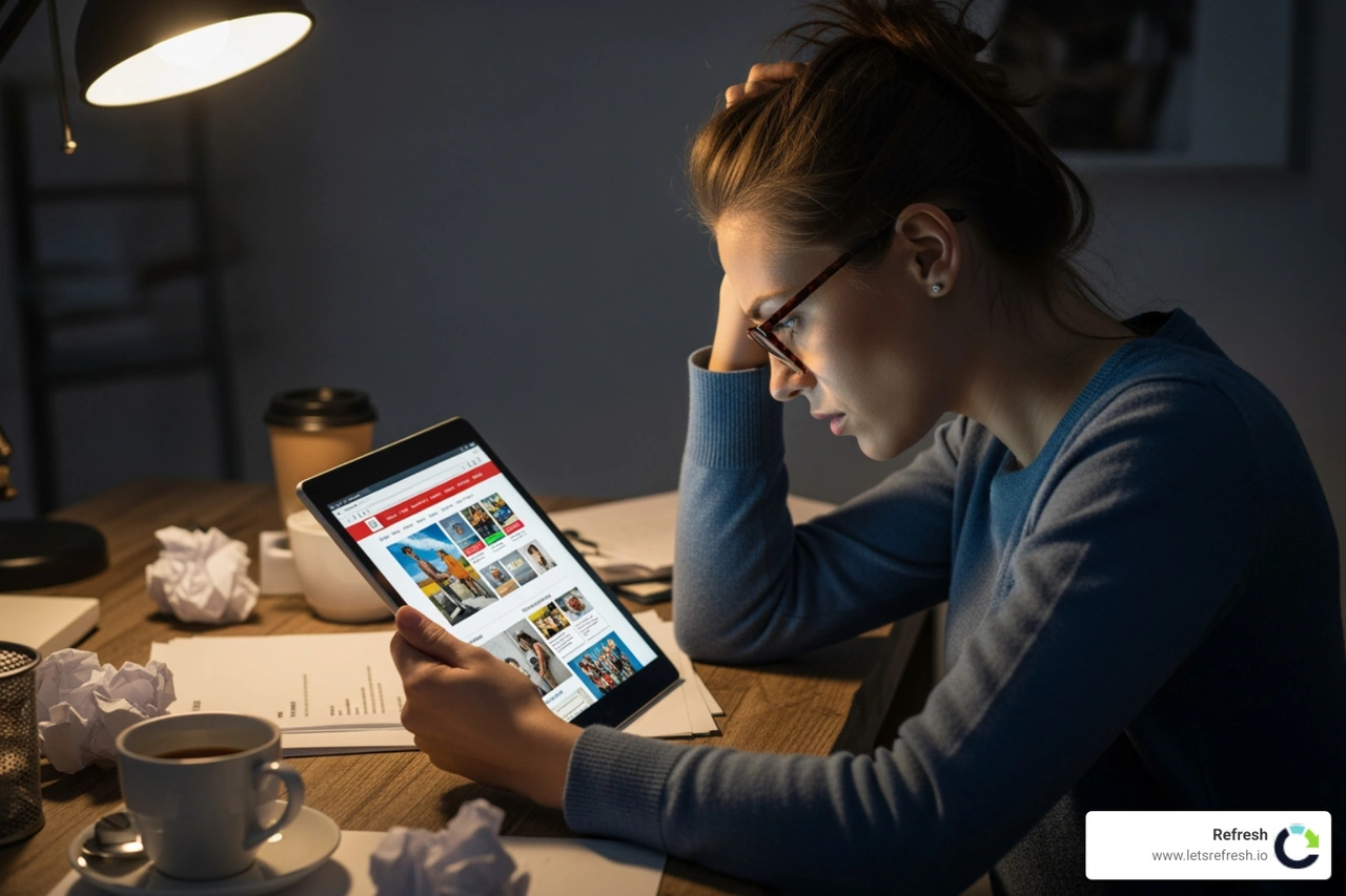 Frustrated business owner, outdated website, tablet, 2024, stock photo. - small business website redesign services Frustrated business owner, outdated website, tablet, 2024, stock photo. - small business website redesign services