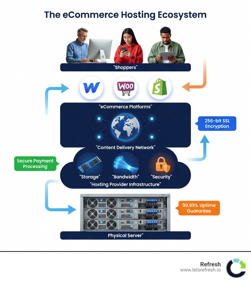 Infographic showing the eCommerce hosting ecosystem: starting with a physical server at the bottom, moving up through hosting provider infrastructure (storage, bandwidth, security), then to content delivery networks distributing globally, connecting to various eCommerce platforms (Webflow, WooCommerce, Shopify), and finally reaching shoppers on multiple devices (desktop, mobile, tablet) with arrows showing data flow and key features like SSL encryption, payment processing, and uptime guarantees highlighted at each layer - best web hosting for small online store infographic Infographic showing the eCommerce hosting ecosystem: starting with a physical server at the bottom, moving up through hosting provider infrastructure (storage, bandwidth, security), then to content delivery networks distributing globally, connecting to various eCommerce platforms (Webflow, WooCommerce, Shopify), and finally reaching shoppers on multiple devices (desktop, mobile, tablet) with arrows showing data flow and key features like SSL encryption, payment processing, and uptime guarantees highlighted at each layer - best web hosting for small online store infographic