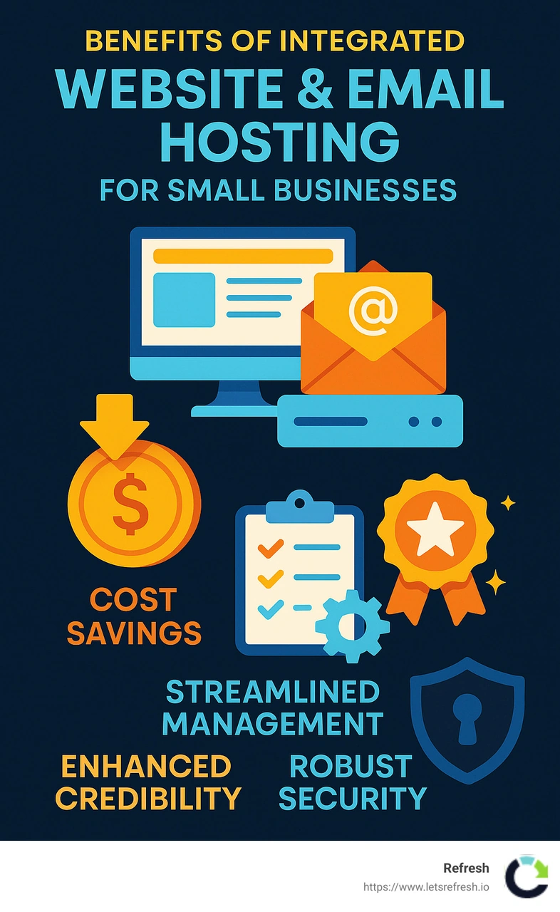 Infographic showing benefits of integrated website and email hosting including cost savings, streamlined management, improved credibility, and robust security - website and email hosting for small business infographic 
