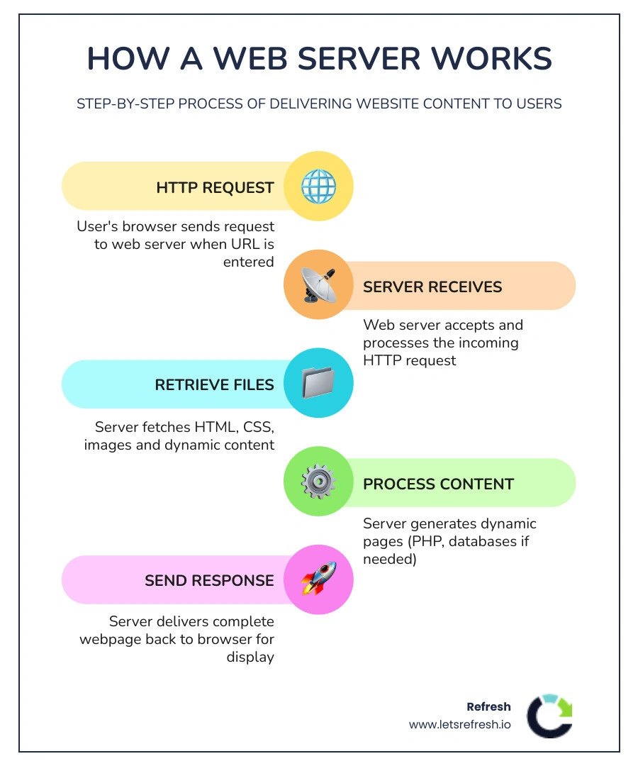 Infographic showing how a web server works: User's browser sends HTTP request → Web server receives request → Server retrieves files (HTML, CSS, images) → Server processes dynamic content (if needed) → Server sends response back to browser → Browser displays website to user. Includes icons for browser, server racks, data flow arrows, and website display. - best web server for small business infographic infographic-line-5-steps-colors