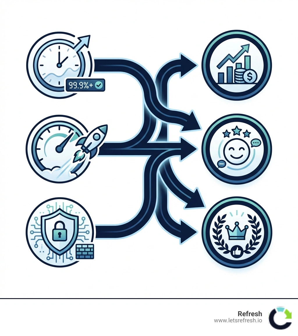 Infographic showing how website uptime, speed, and security directly affect business revenue, customer satisfaction, and brand reputation, with arrows pointing from technical aspects to business outcomes. - business-grade web hosting infographic Infographic showing how website uptime, speed, and security directly affect business revenue, customer satisfaction, and brand reputation, with arrows pointing from technical aspects to business outcomes. - business-grade web hosting infographic