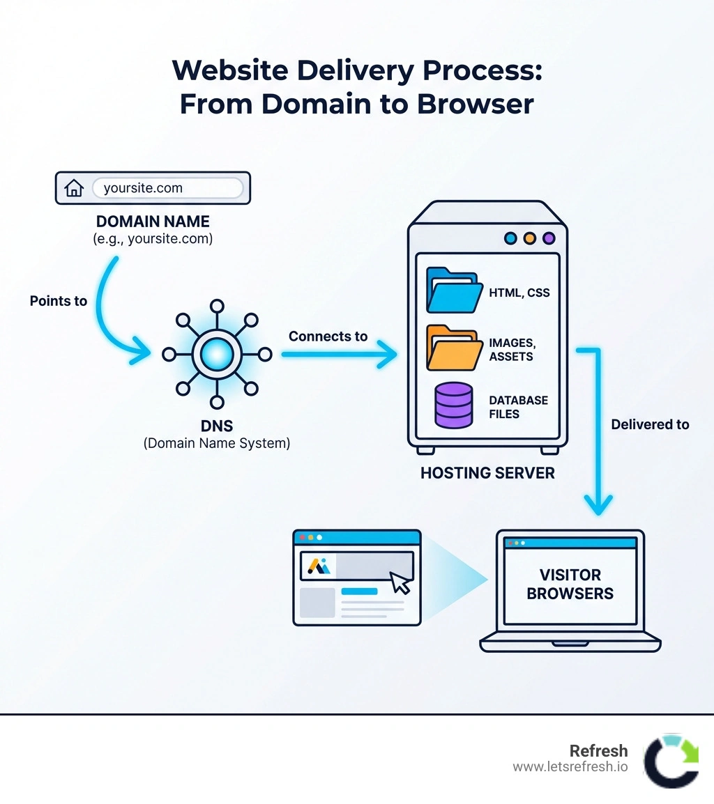 Infographic showing the relationship between domain names, hosting servers, and website files - Domain name points to DNS which connects to hosting server containing HTML, CSS, images, and database files that are delivered to visitor browsers - host small website infographic Infographic showing the relationship between domain names, hosting servers, and website files - Domain name points to DNS which connects to hosting server containing HTML, CSS, images, and database files that are delivered to visitor browsers - host small website infographic