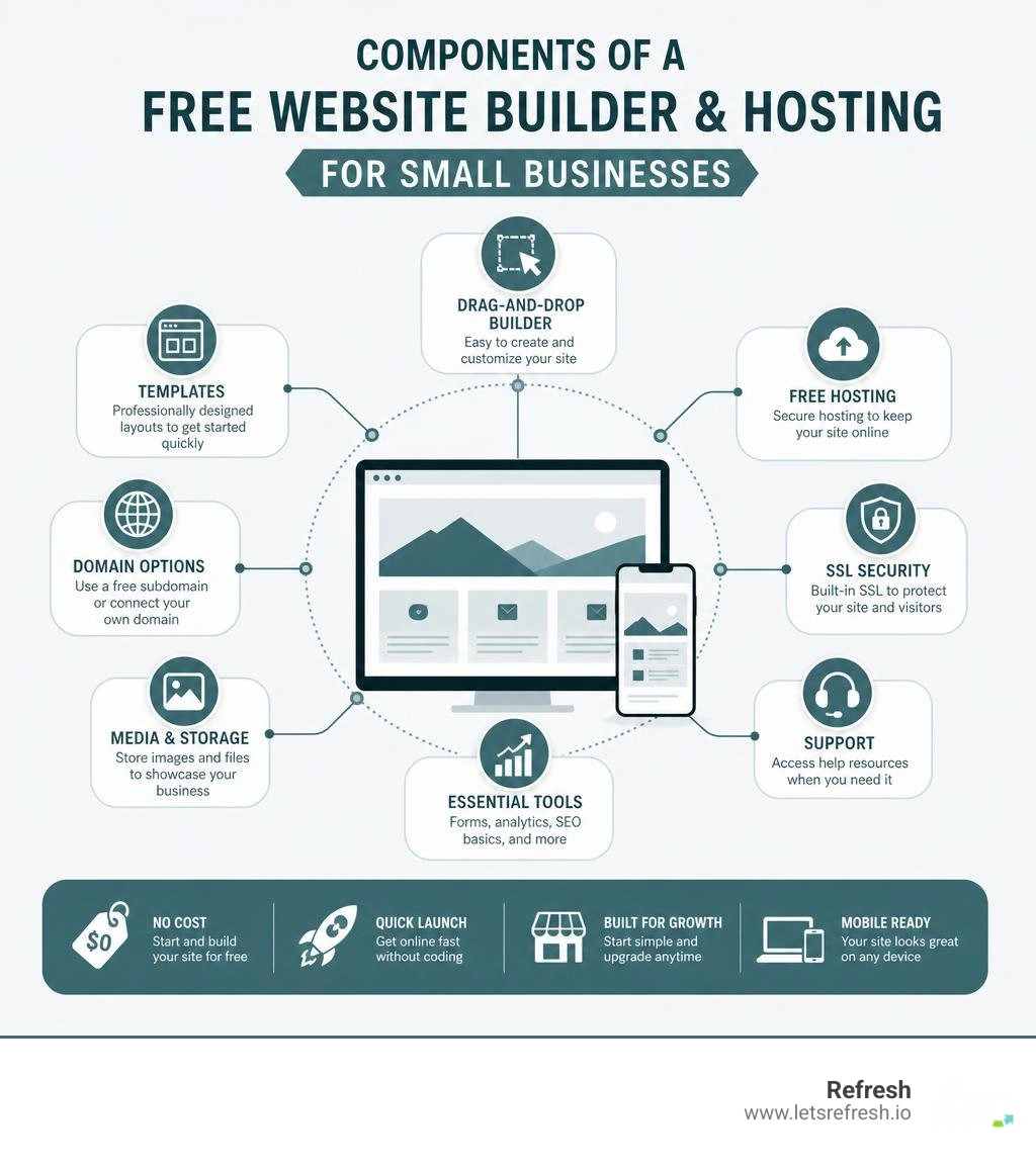 components of a starter website builder and hosting for small business platform infographic infographic