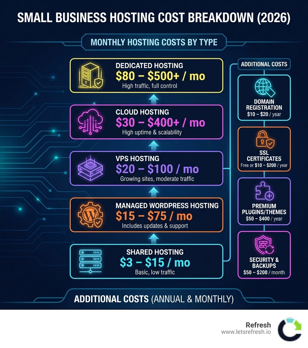 Detailed infographic showing the breakdown of small business hosting costs by type, including shared hosting ($3-15/mo), managed WordPress hosting ($15-75/mo), VPS hosting ($20-100/mo), cloud hosting ($30-400+/mo), and dedicated hosting ($80-500+/mo), along with additional costs like domain registration, SSL certificates, plugins, and security services. Visual includes server icons and cost ranges with arrows showing upgrade paths. - small business hosting cost infographic Detailed infographic showing the breakdown of small business hosting costs by type, including shared hosting ($3-15/mo), managed WordPress hosting ($15-75/mo), VPS hosting ($20-100/mo), cloud hosting ($30-400+/mo), and dedicated hosting ($80-500+/mo), along with additional costs like domain registration, SSL certificates, plugins, and security services. Visual includes server icons and cost ranges with arrows showing upgrade paths. - small business hosting cost infographic
