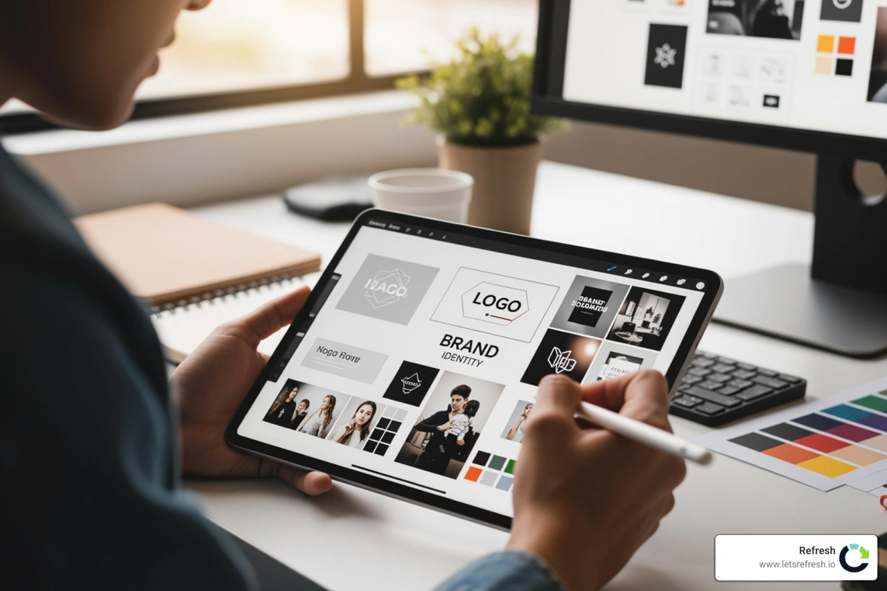 Designer sketching a brand identity on a tablet Designer sketching a brand identity on a tablet