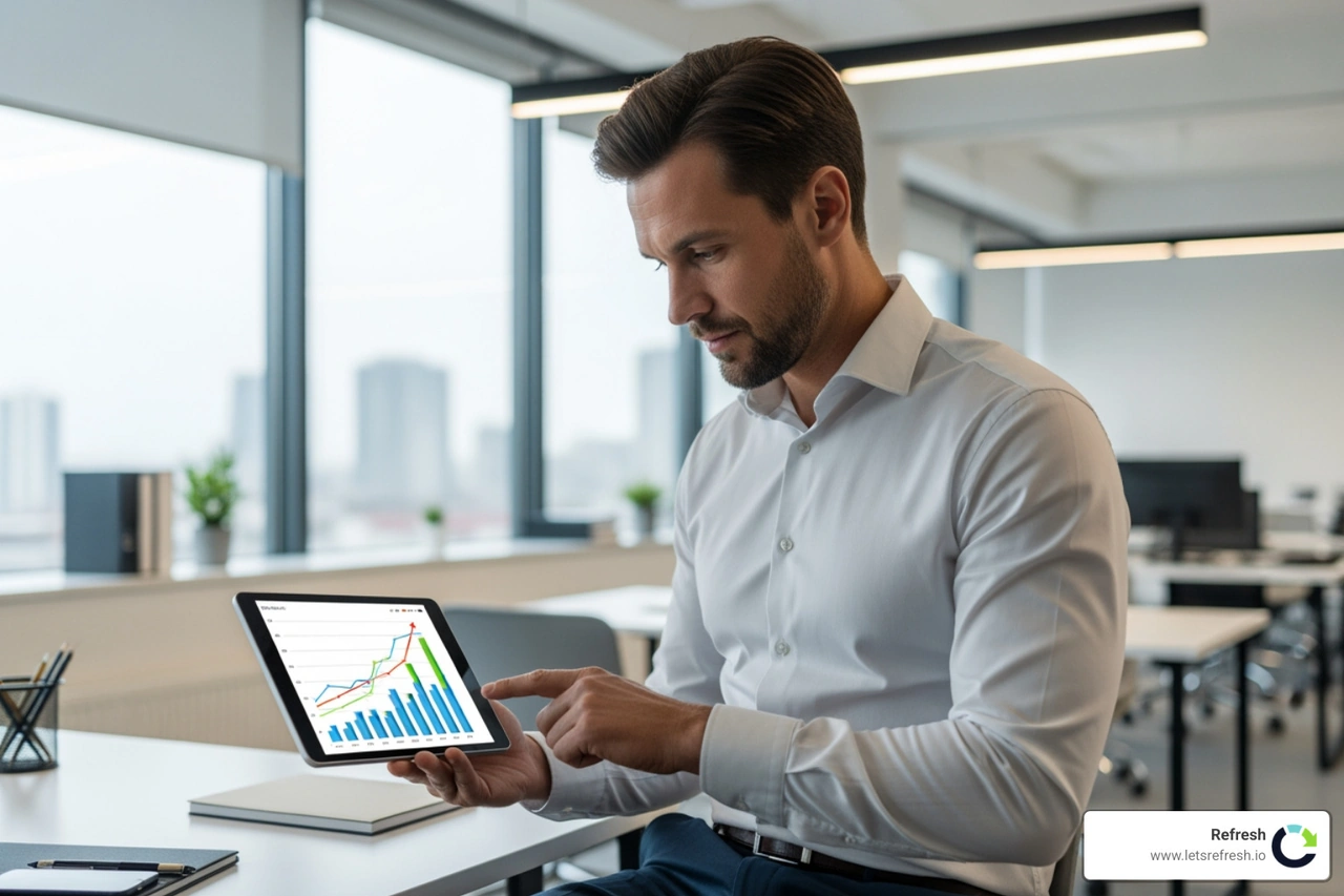 business professional in a modern office analyzing growth charts on a tablet business professional in a modern office analyzing growth charts on a tablet