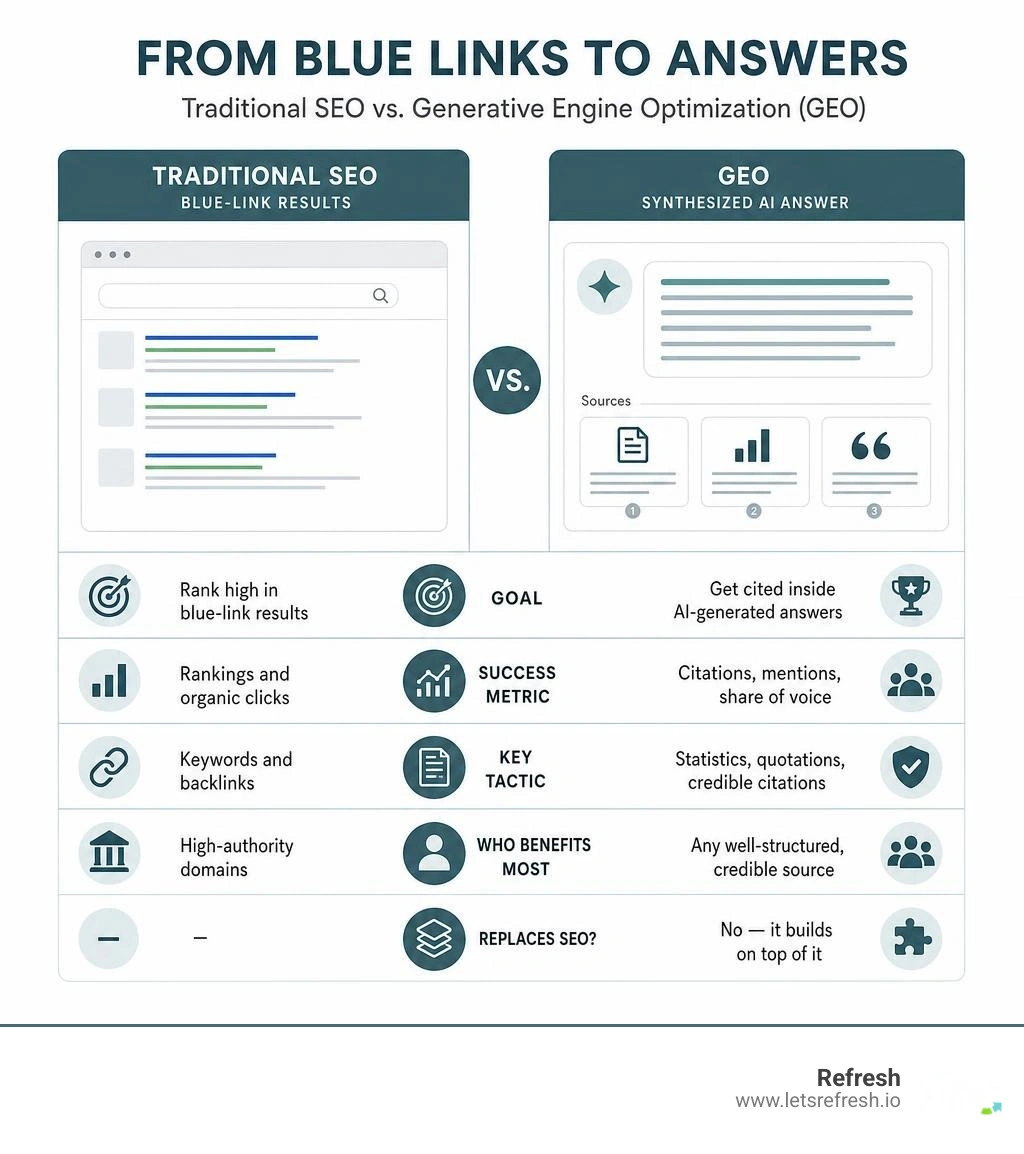 Infographic comparing traditional SEO blue-link results to GEO synthesized AI answers with key differences infographic Infographic comparing traditional SEO blue-link results to GEO synthesized AI answers with key differences infographic
