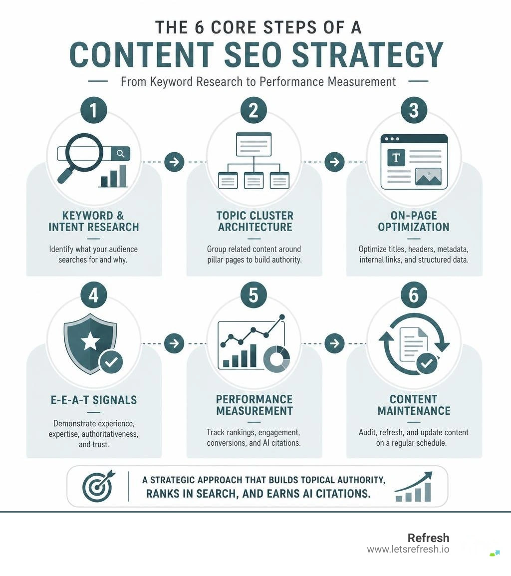 Infographic showing the 6 core steps of a content SEO strategy from keyword research to performance measurement infographic Infographic showing the 6 core steps of a content SEO strategy from keyword research to performance measurement infographic