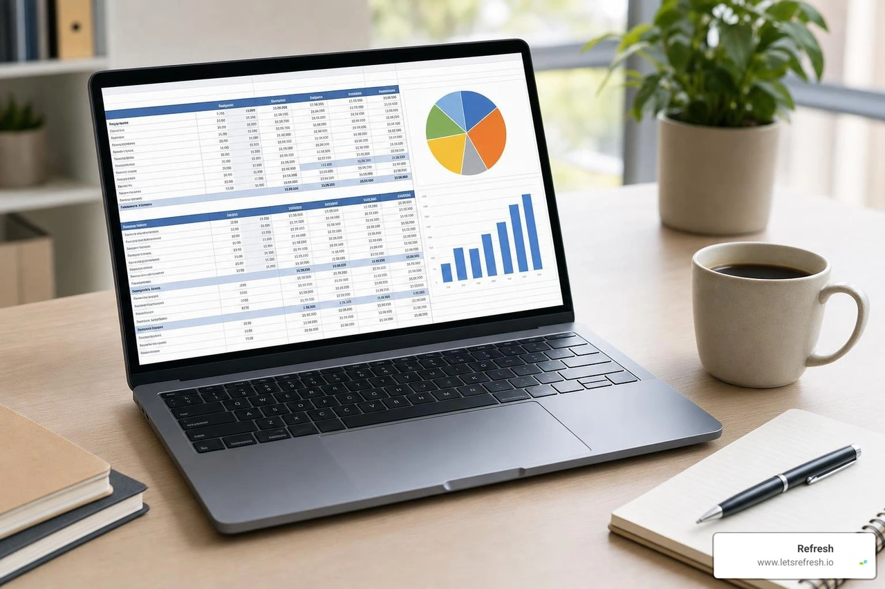 A professional business budget spreadsheet open on a laptop next to a cup of coffee A professional business budget spreadsheet open on a laptop next to a cup of coffee