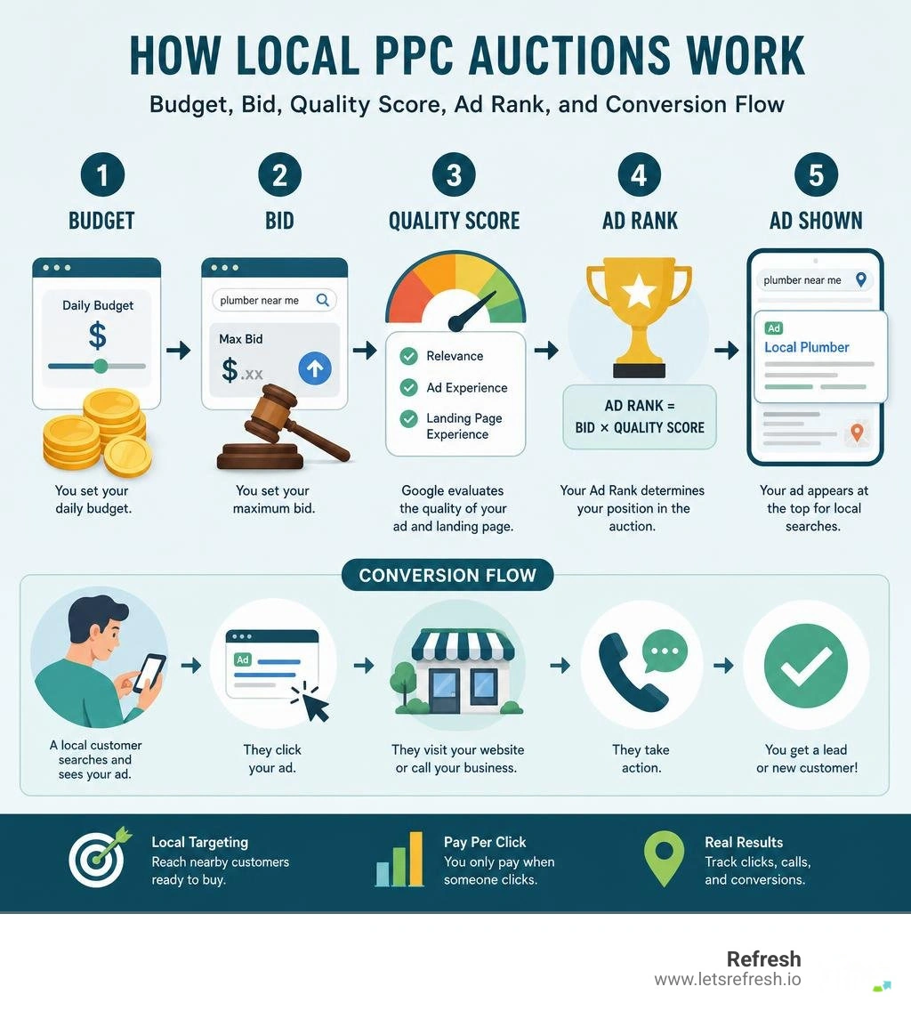 How local PPC auctions work: budget, bid, Quality Score, ad rank, and conversion flow infographic How local PPC auctions work: budget, bid, Quality Score, ad rank, and conversion flow infographic