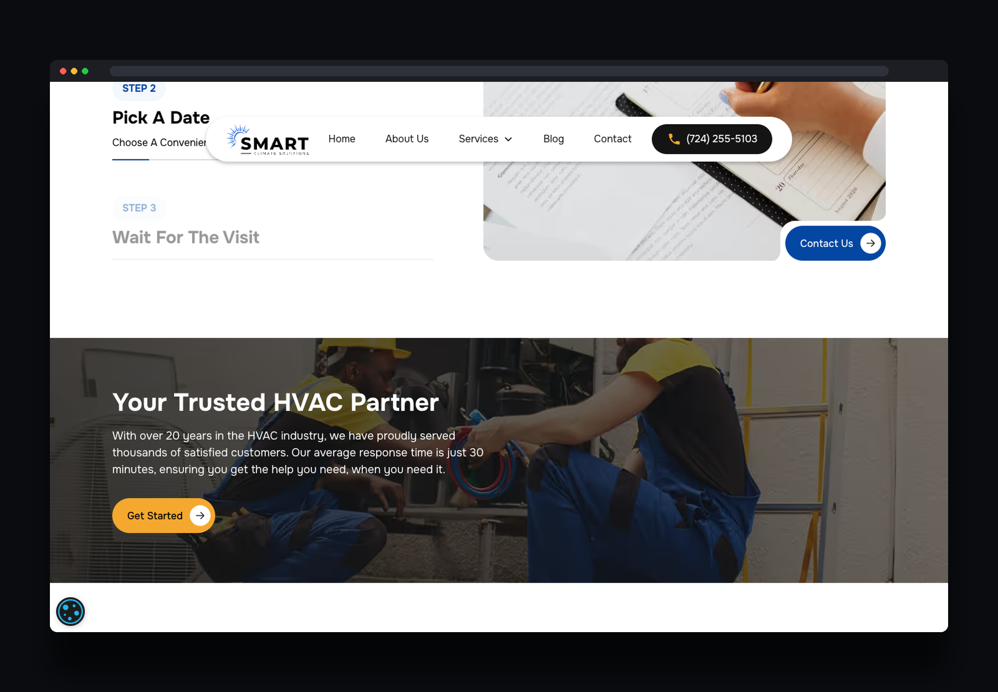 Smart Climate Solutions "Your Trusted HVAC Partner" section shown on desktop