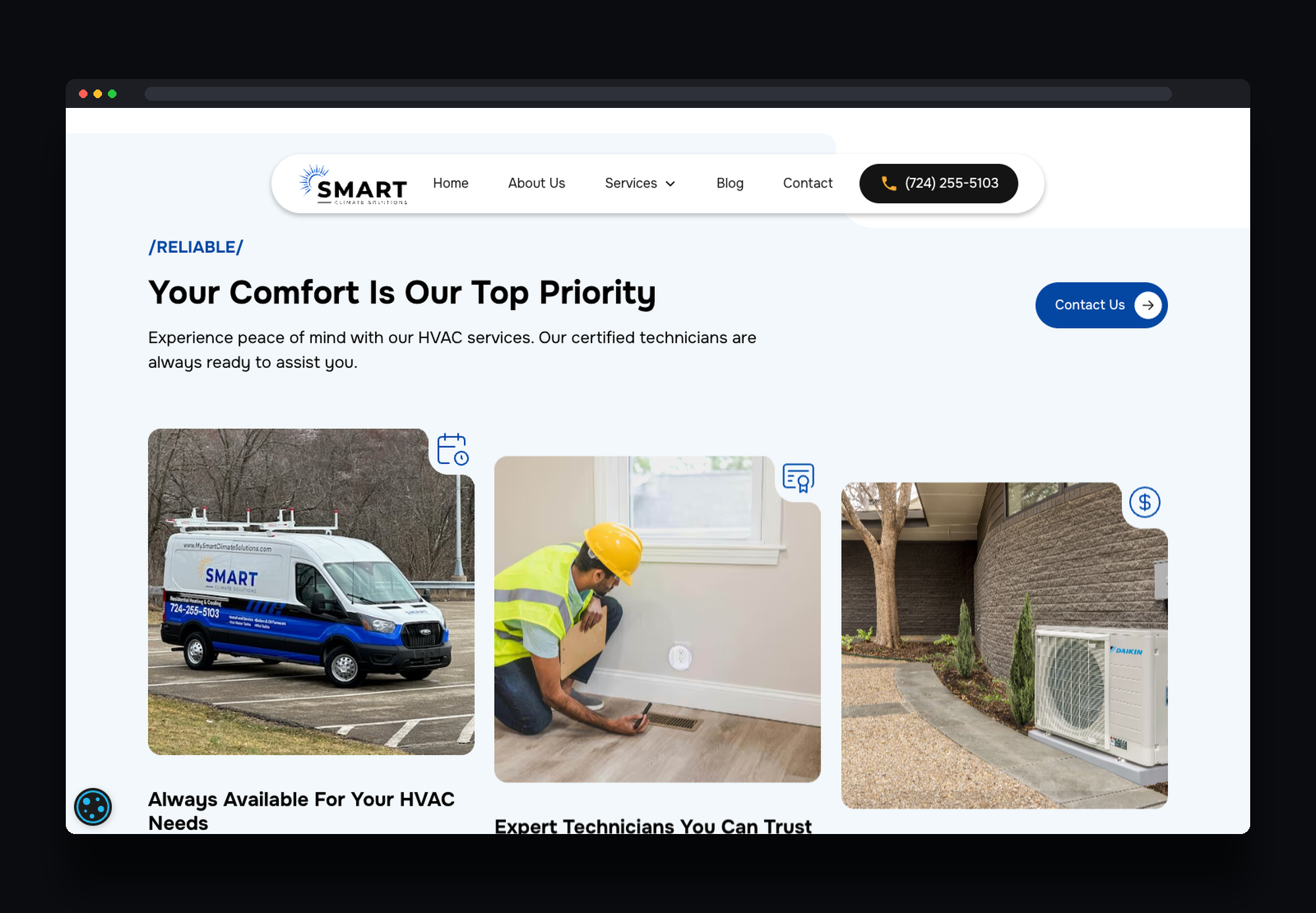 Smart Climate Solutions services section on desktop: HVAC service van, technician, and condenser installation