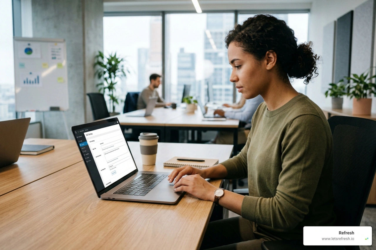 A digital marketer configuring meta tags and URL redirects in a visual editor A digital marketer configuring meta tags and URL redirects in a visual editor