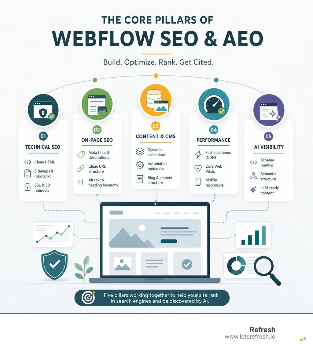 Core pillars of Webflow SEO and AEO including technical SEO, on-page, content, performance, and AI visibility infographic Core pillars of Webflow SEO and AEO including technical SEO, on-page, content, performance, and AI visibility infographic