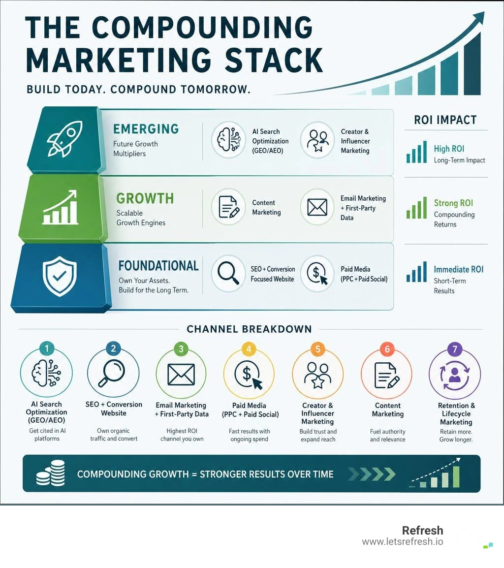 Compounding marketing stack showing foundational, growth, and emerging strategy tiers with ROI and channel breakdown