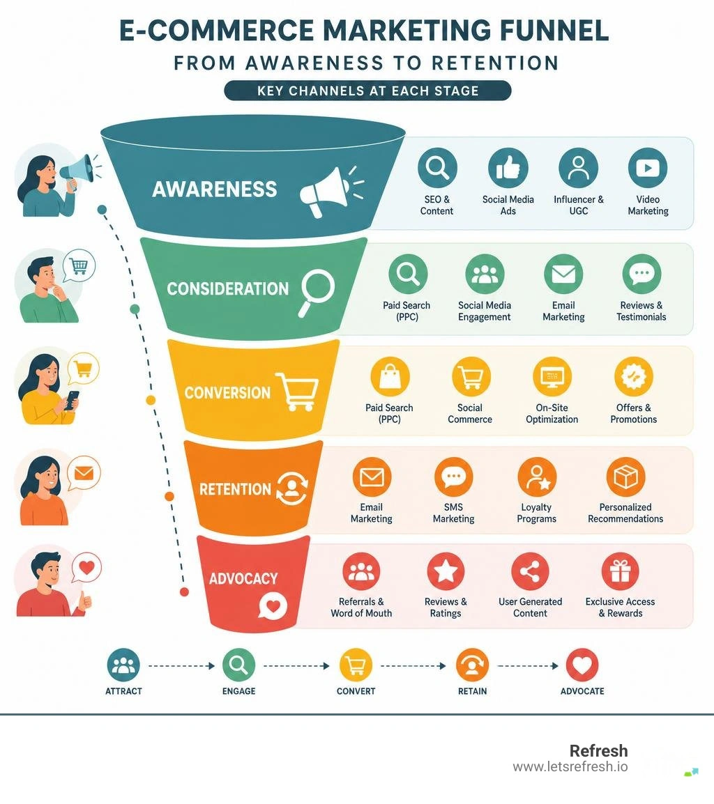 Marketing funnel from awareness to retention with key channels mapped at each stage infographic Marketing funnel from awareness to retention with key channels mapped at each stage infographic