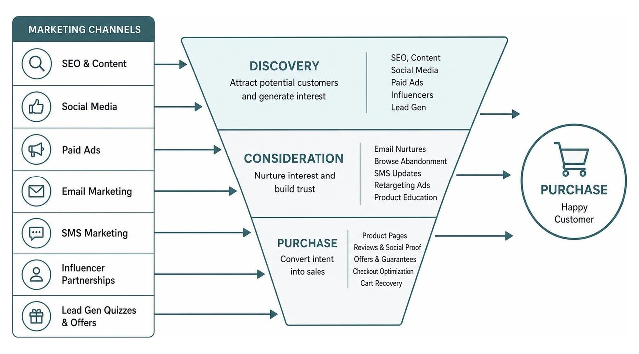 Diagram showing how different marketing channels feed into a unified funnel from discovery to conversion Diagram showing how different marketing channels feed into a unified funnel from discovery to conversion