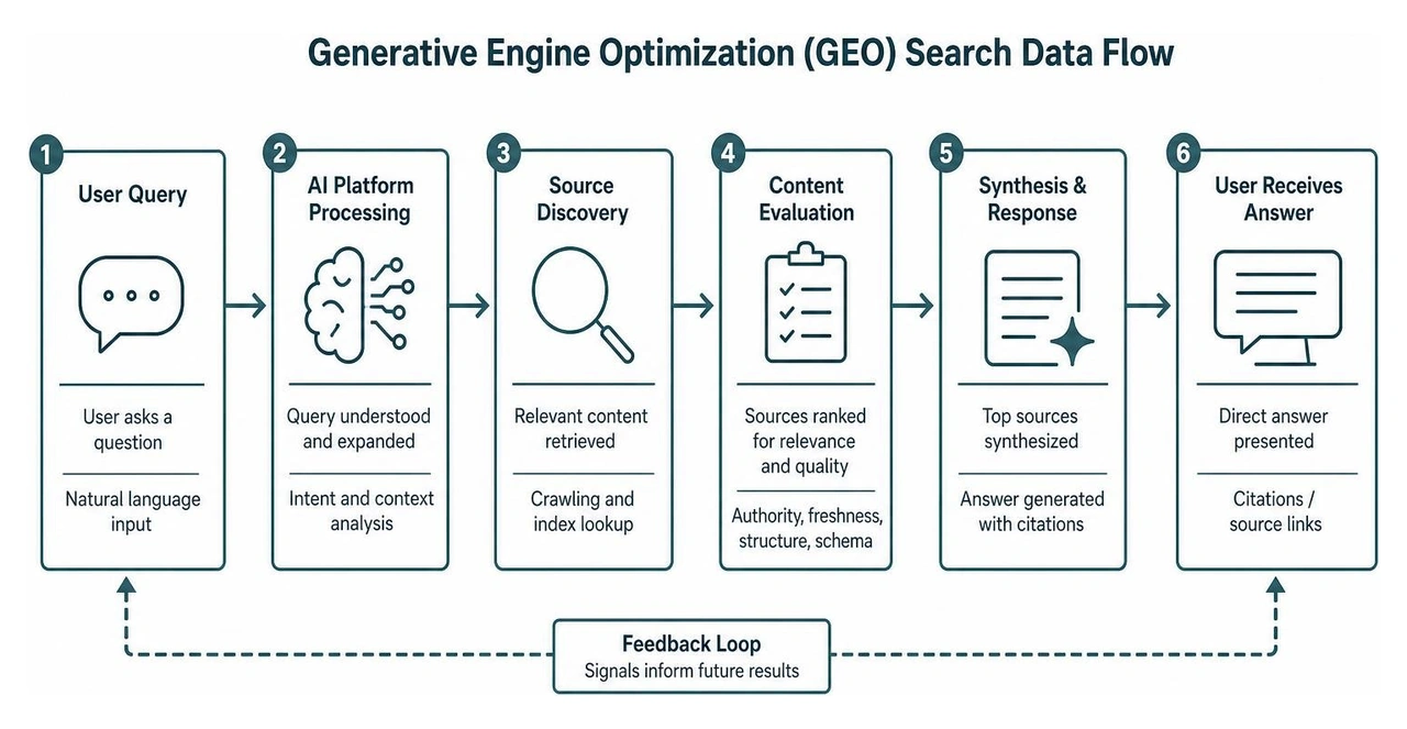 Generative Engine Optimization GEO search data flow diagram