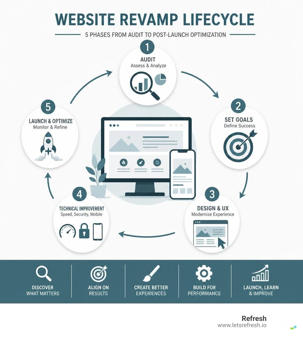 Website revamp lifecycle infographic: 5 phases from audit to post-launch optimization infographic