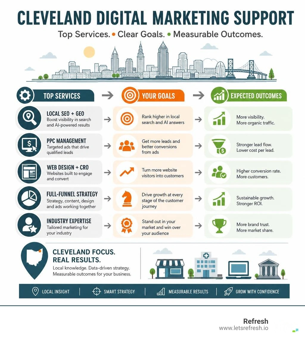 Top Cleveland digital marketing support services, goals, and expected outcomes infographic infographic Top Cleveland digital marketing support services, goals, and expected outcomes infographic infographic