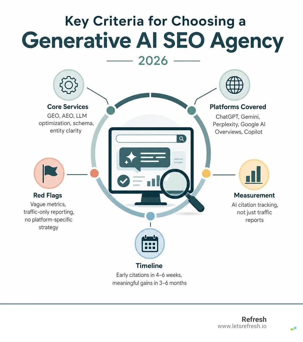 Key criteria for choosing a generative AI SEO agency in 2026 infographic