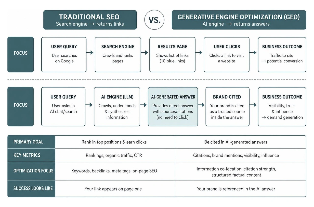 Diagram mapping the difference between traditional SEO and Generative Engine Optimization