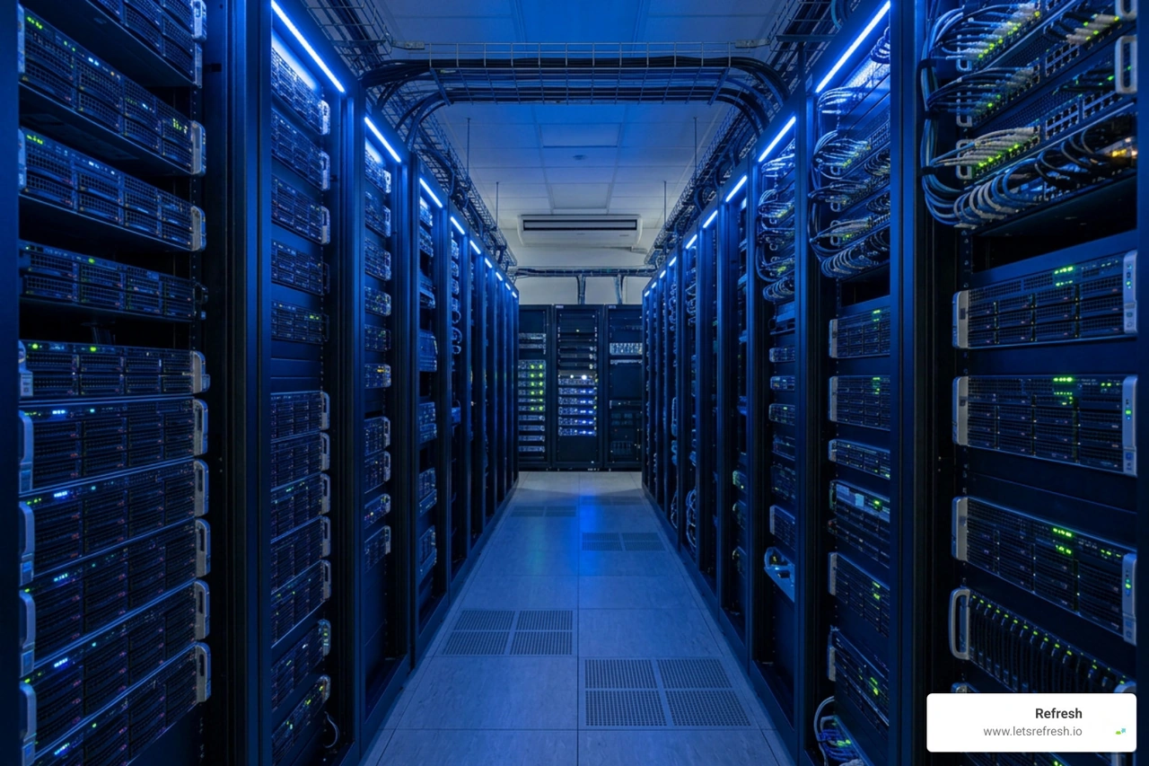 A modern server room representing artificial intelligence and LLM data processing.