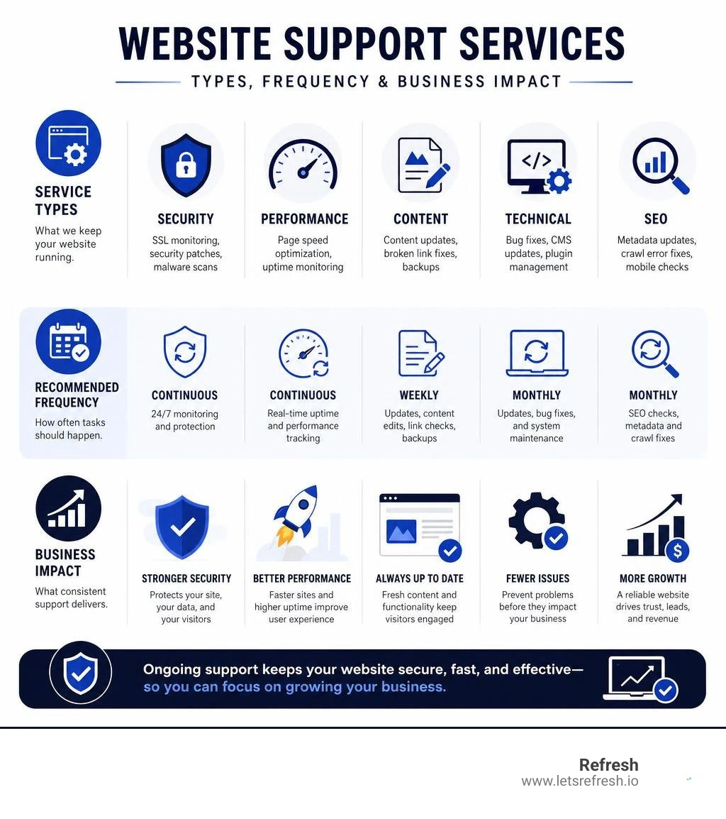 Infographic showing website support services types, frequency, and business impact infographic Infographic showing website support services types, frequency, and business impact infographic