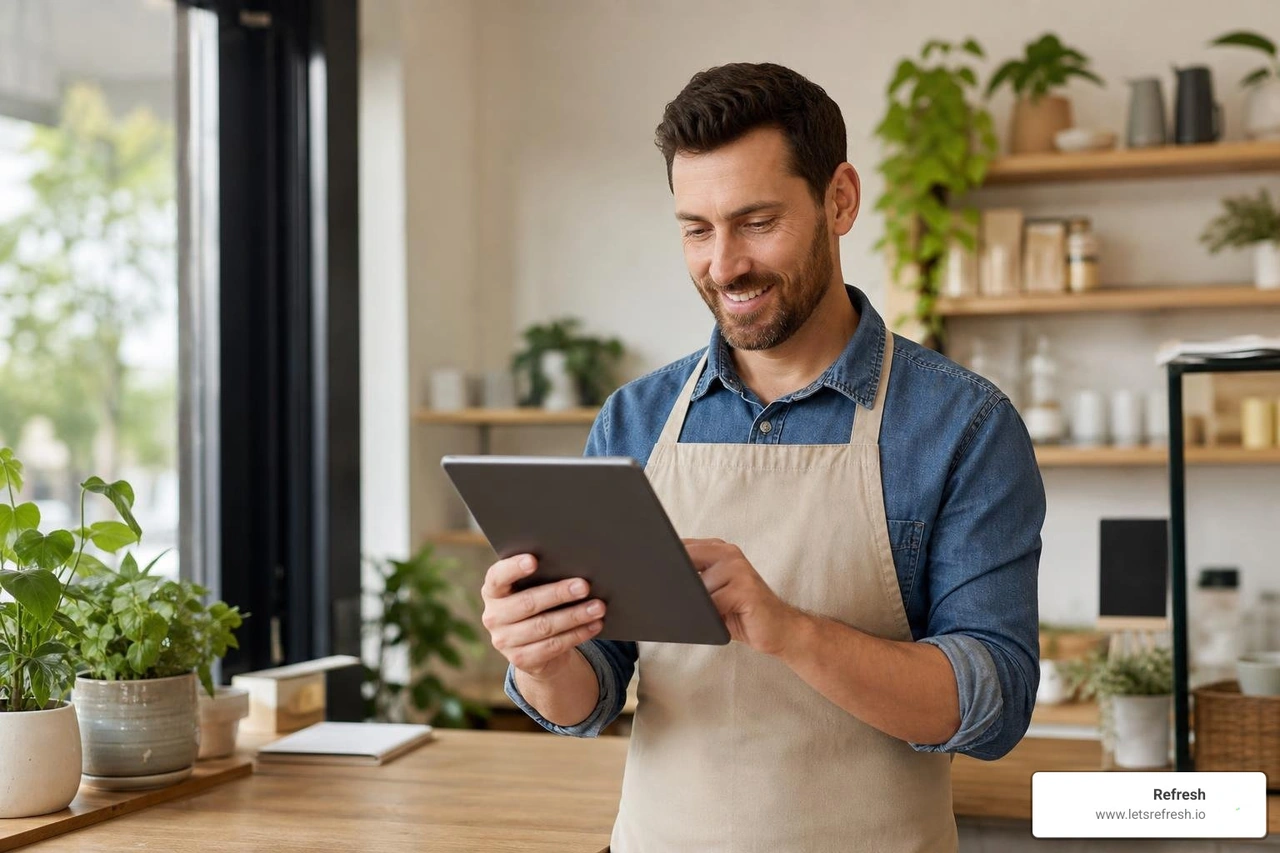 A business owner reviewing positive customer feedback on a tablet A business owner reviewing positive customer feedback on a tablet
