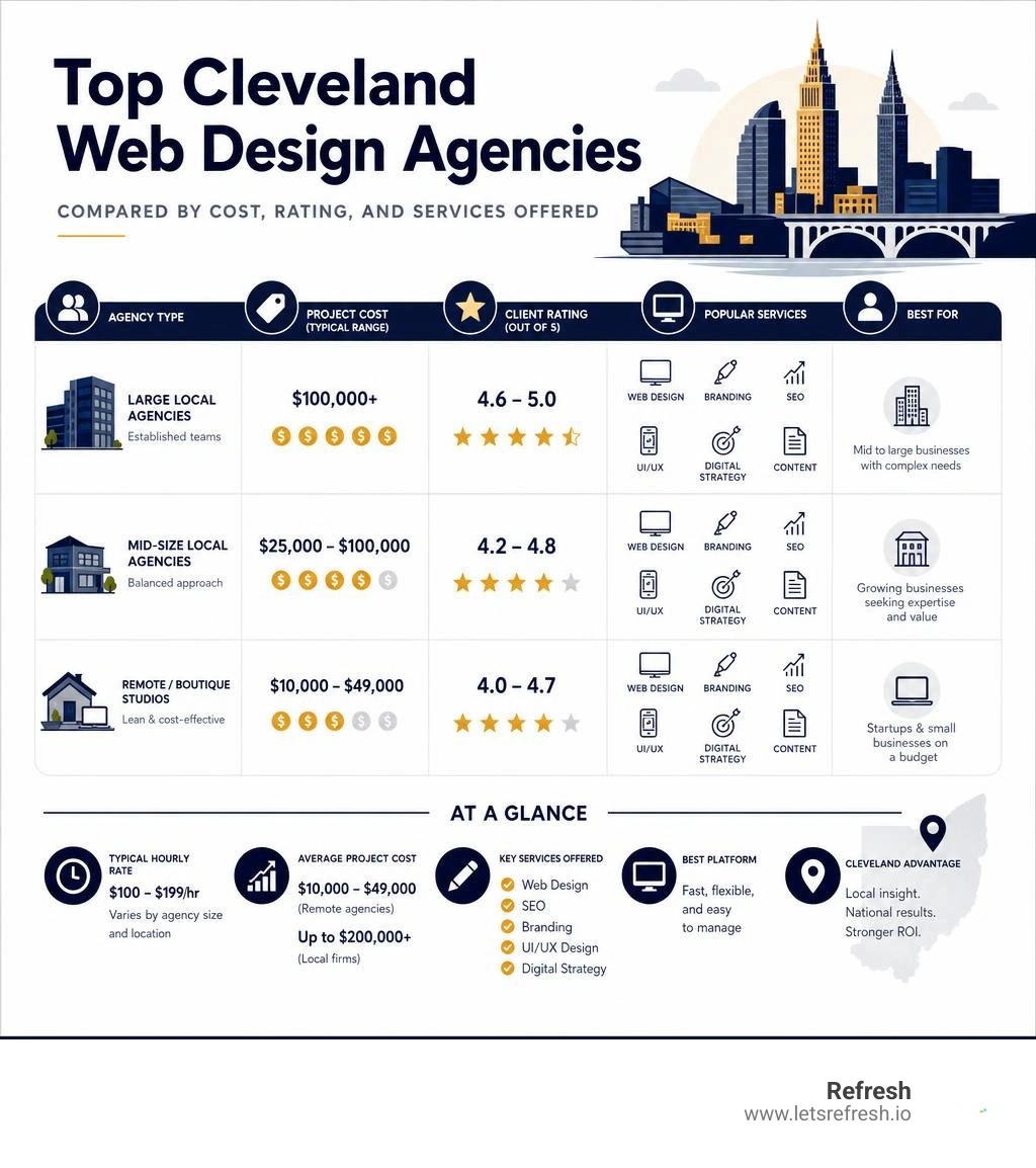 Top Cleveland web design agencies compared by cost, rating, and services offered infographic Top Cleveland web design agencies compared by cost, rating, and services offered infographic
