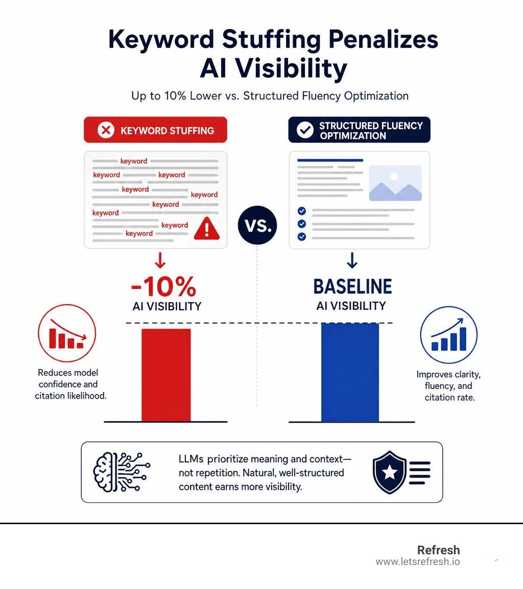 Chart showing keyword stuffing penalizing AI visibility by up to 10 percent compared to structured fluency optimization Chart showing keyword stuffing penalizing AI visibility by up to 10 percent compared to structured fluency optimization