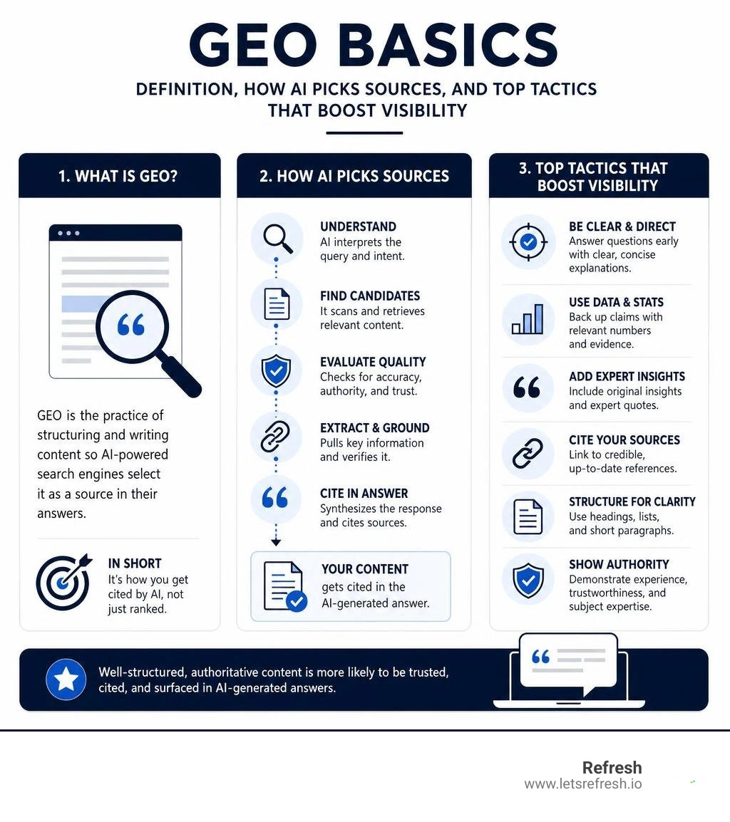 GEO basics infographic: definition, how AI picks sources, and top tactics that boost visibility infographic GEO basics infographic: definition, how AI picks sources, and top tactics that boost visibility infographic