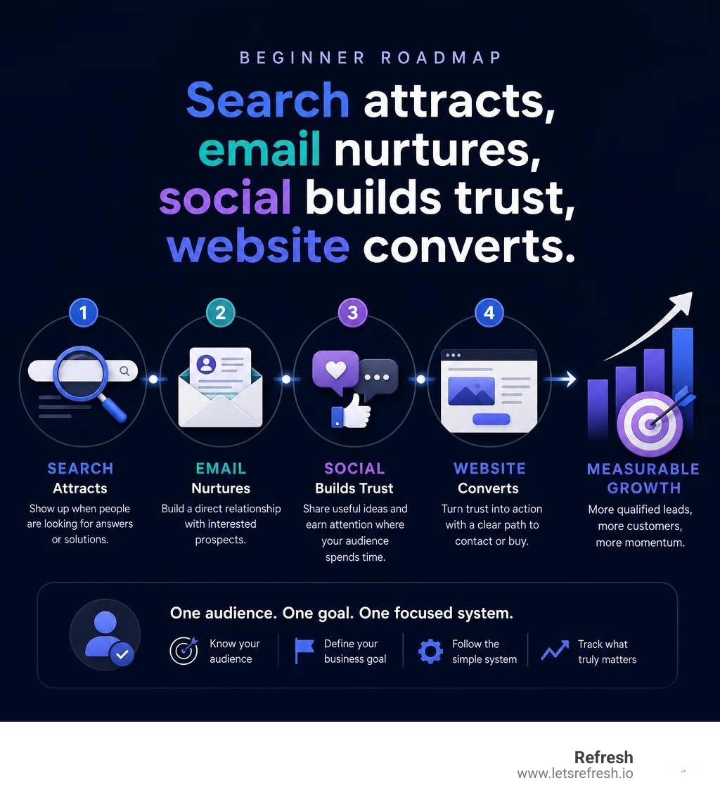 Beginner roadmap: Search attracts, email nurtures, social builds trust, website converts infographic Beginner roadmap: Search attracts, email nurtures, social builds trust, website converts infographic