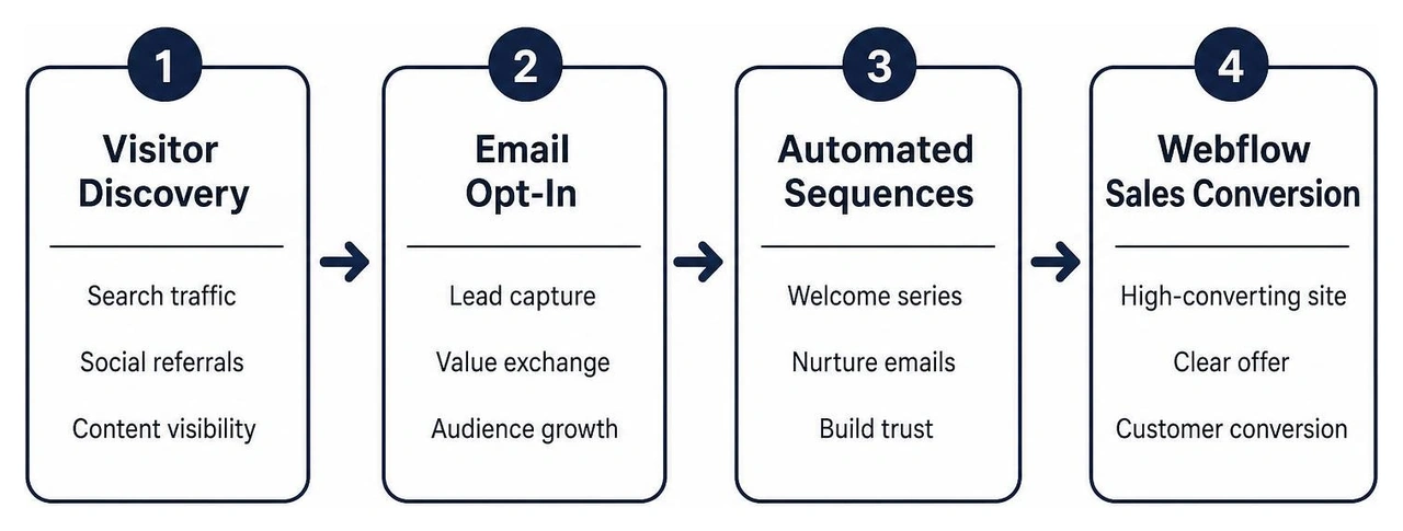 Process framework mapping visitor discovery, email opt-in, automated sequences, and Webflow sales conversion Process framework mapping visitor discovery, email opt-in, automated sequences, and Webflow sales conversion