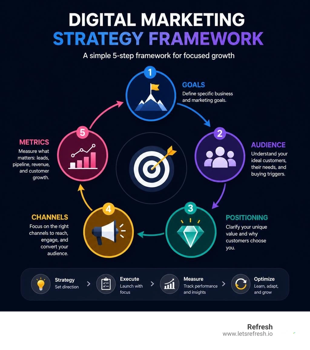 Digital marketing strategy framework: goals, audience, positioning, channels, metrics infographic Digital marketing strategy framework: goals, audience, positioning, channels, metrics infographic