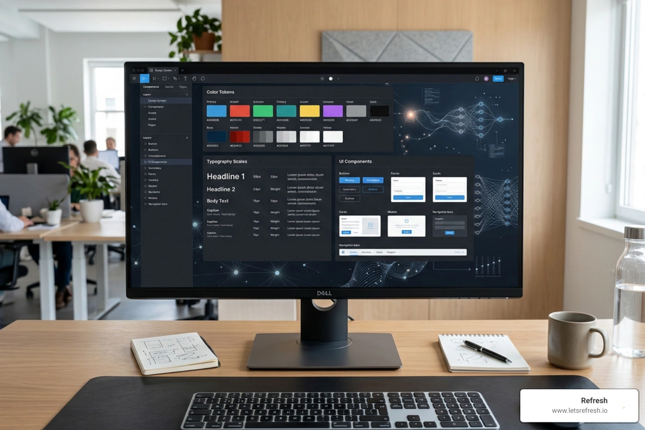Modern web design workflow on desktop monitor showing design system tokens Modern web design workflow on desktop monitor showing design system tokens