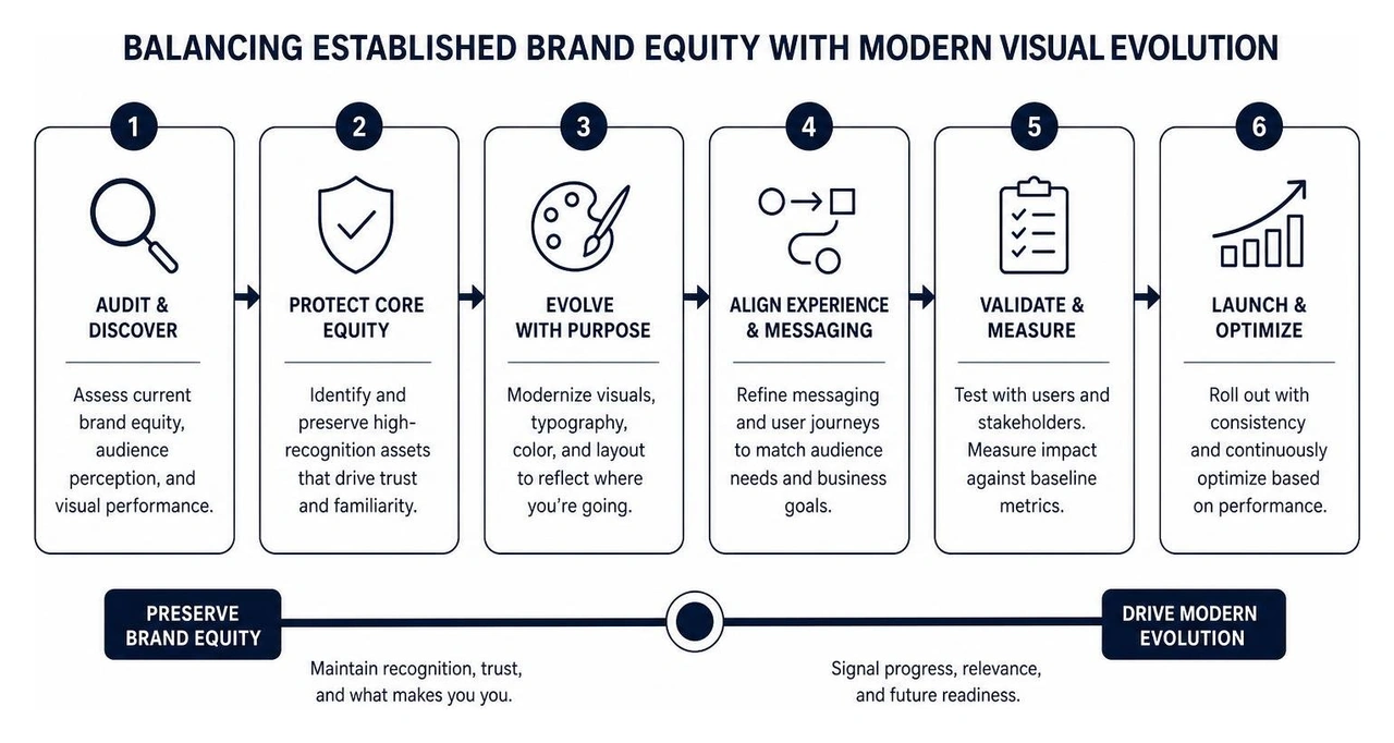 Process of balancing established brand equity with modern visual evolution Process of balancing established brand equity with modern visual evolution